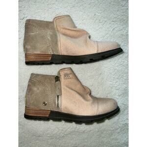 Sorel Major Low Cut Ankle Boots Almond Toe Side Zip Logo Canvas Cream -sz 7.5